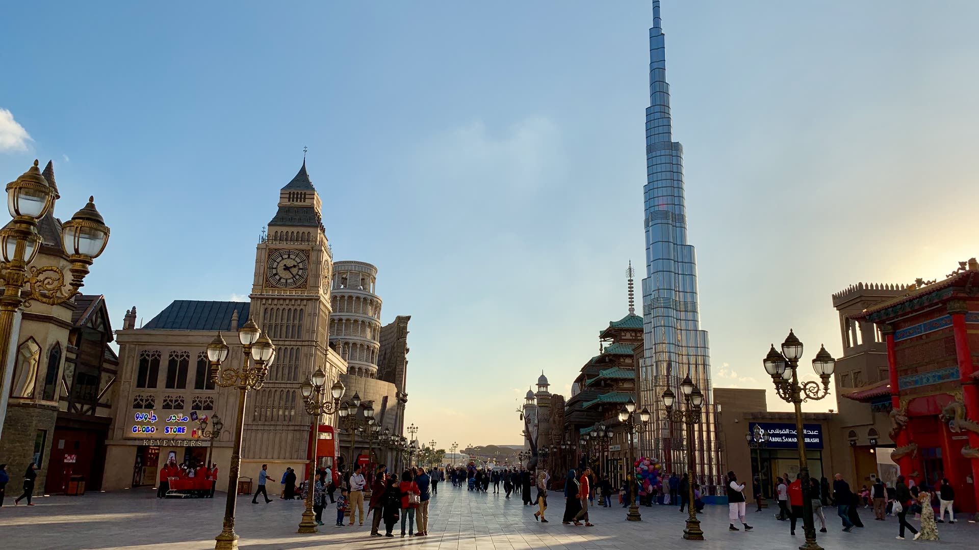 Inside Global Village Dubai — country pavilions and crowds